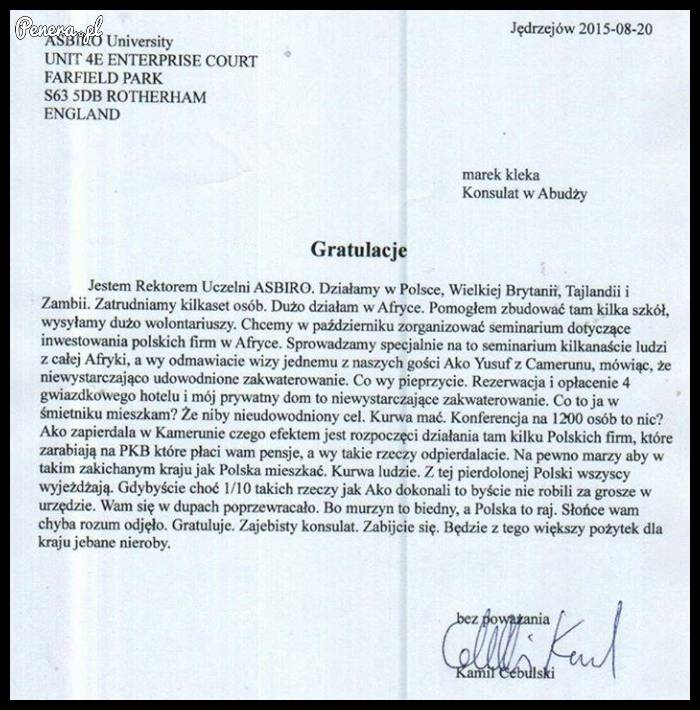 Piękny list do polskiego konsulatu