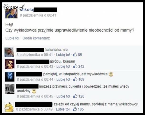 Czy wykładowca przyjmie usprawiedliwienie od mamy