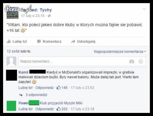 Chciała żeby jej polecono klub dla +16