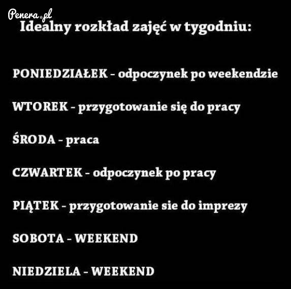 Idealny rozkład zajęć w tygodniu