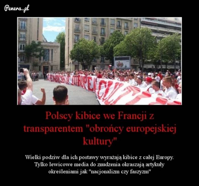 Polscy kibice we Francji z transparentem Obrońcy Europejskiej Kultury