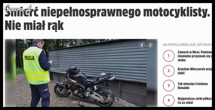 Śmierć niepełnosprawnego motocyklisty! Nie miał rąk!