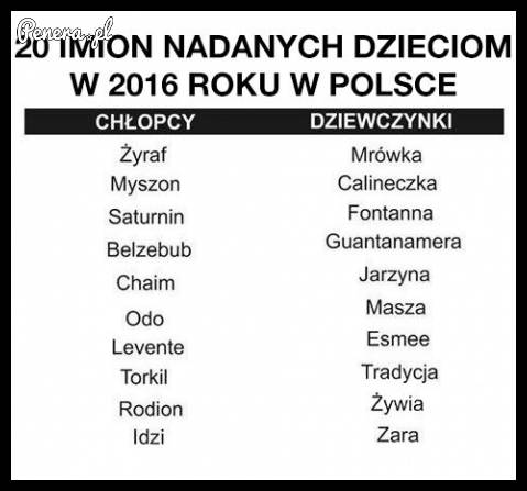 20 imion nadanych dzieciom w 2016 roku w Polsce