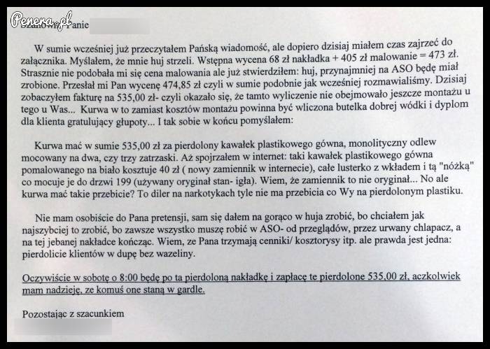 Piękny list klienta do autoryzowanego serwisu