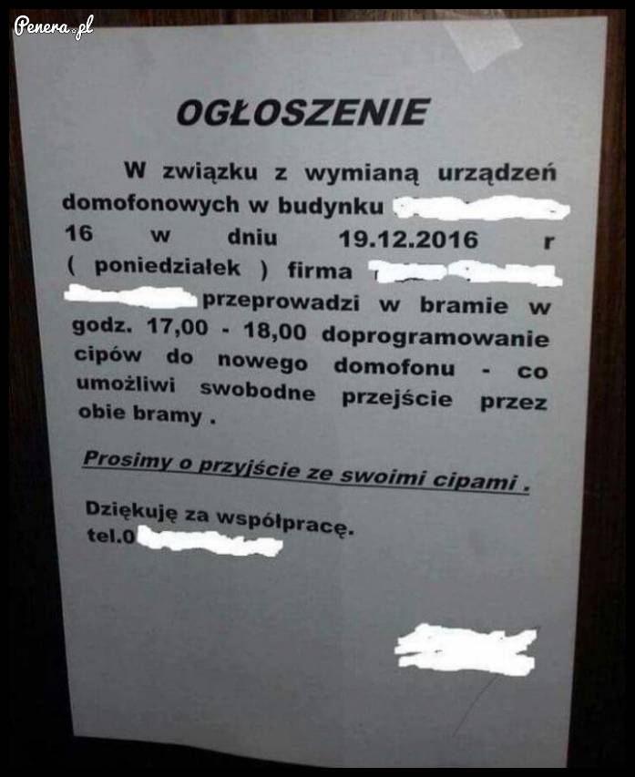 Drobne ogłoszenie w związku z wymianą domofonów :)