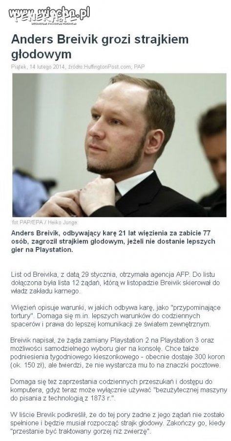 Breivik będzie strajkował