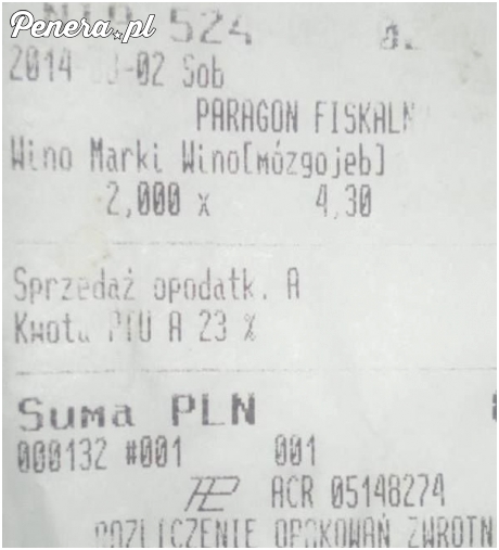 Rewelacyjny paragon za dwa wina