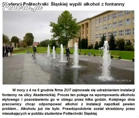 Studenci Politechniki Śląskiej wypili alkohol z fontanny