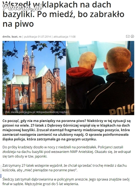 Wszedł w klapkach na dach bazyliki bo zabrakło na piwko