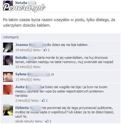 Żali się że ją facet zostawił za bicie dziecka kablem